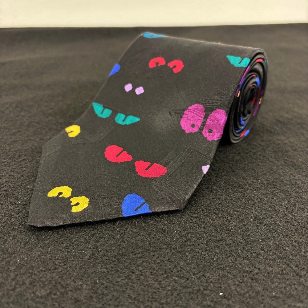 Vintage After Dark Nocturnes Black 100% Silk Neck Tie Monster Eyes Print Necktie